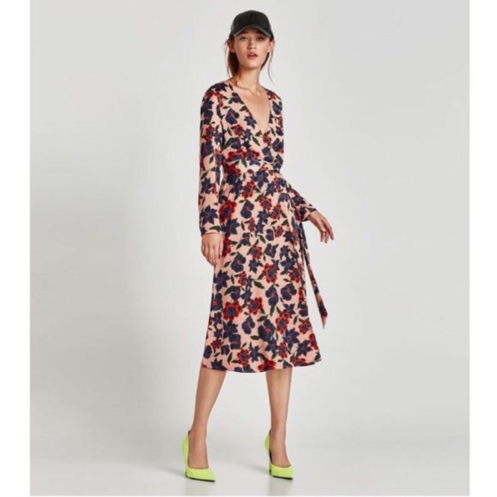 Zara Pink Floral Midi Wrap Dress Long Sleeve Sz M
